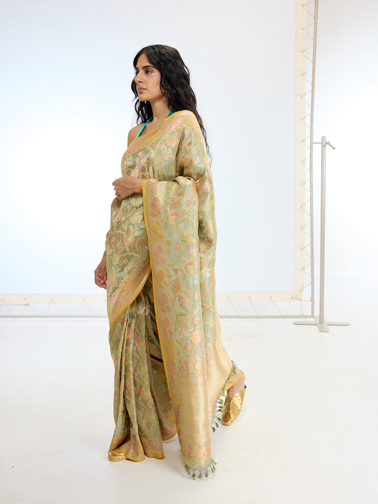 Handwoven Real Zari Pista Silk Saree