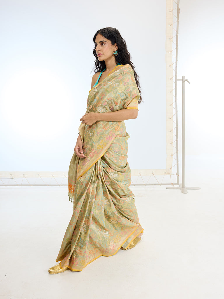 Handwoven Real Zari Pista Silk Saree