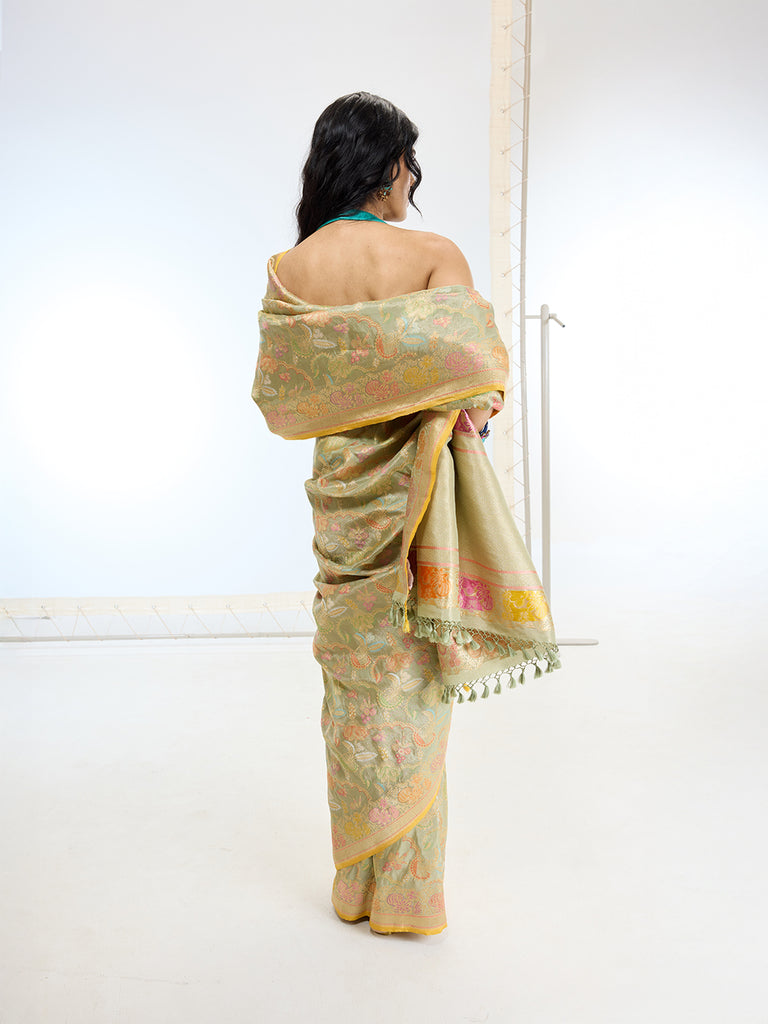 Handwoven Real Zari Pista Silk Saree
