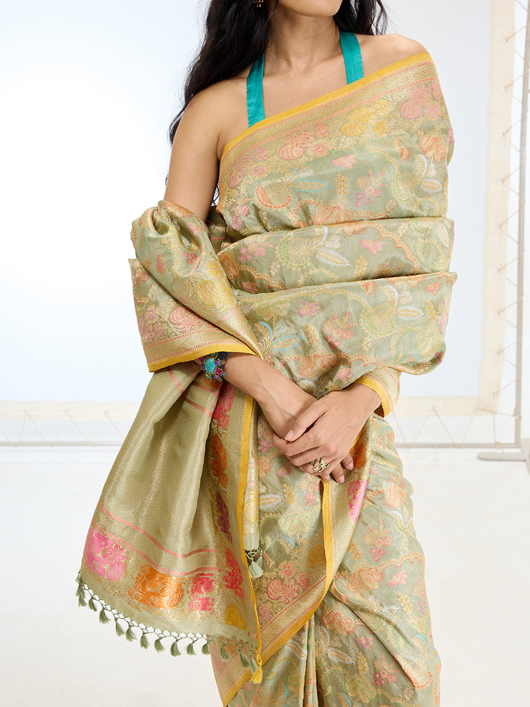 Handwoven Real Zari Pista Silk Saree