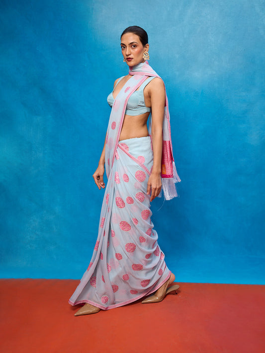 Handwoven Ice Blue Chiffon Banarasi Saree