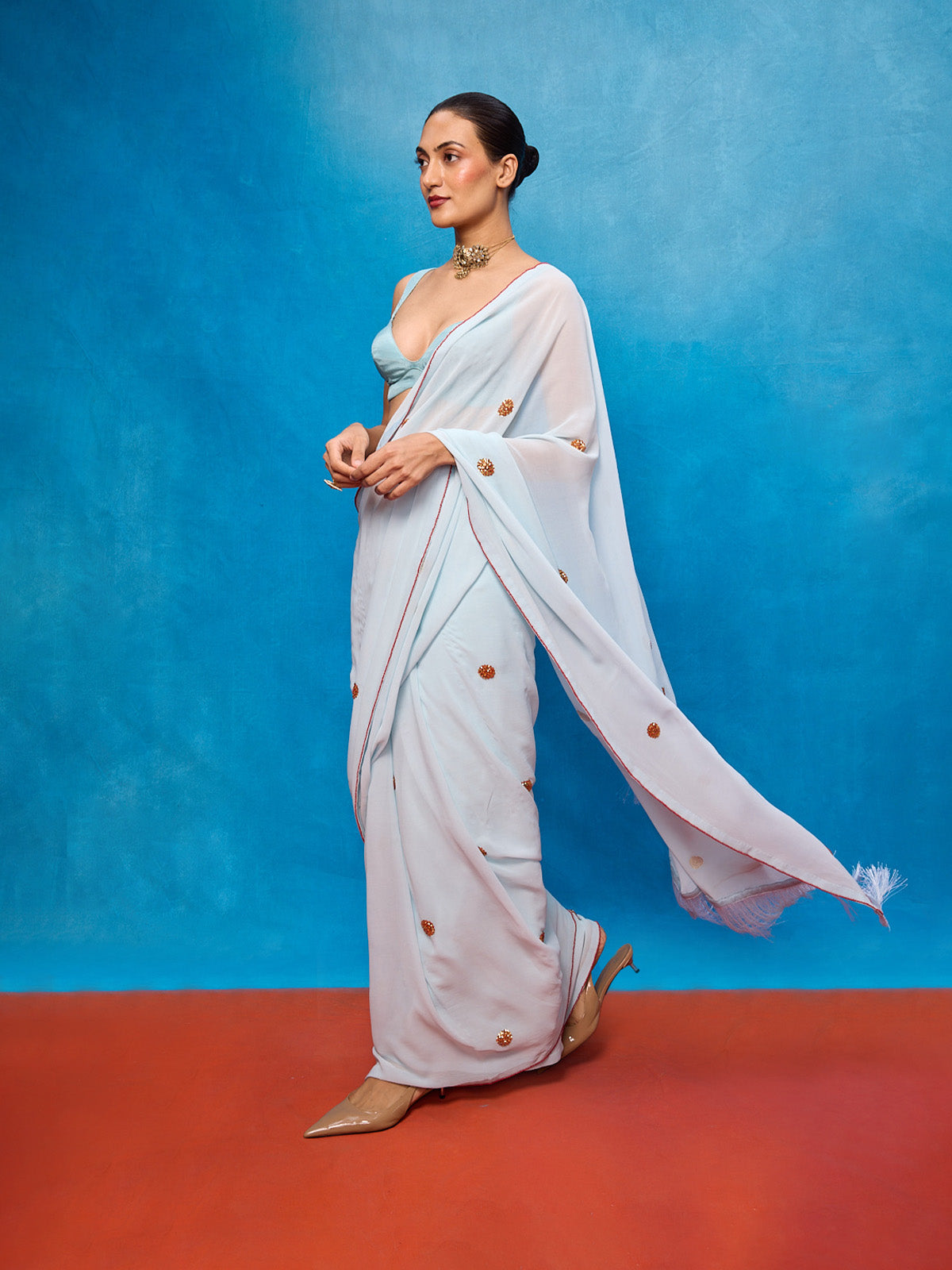 Handwoven Ice Blue Georgette Embroidered Saree