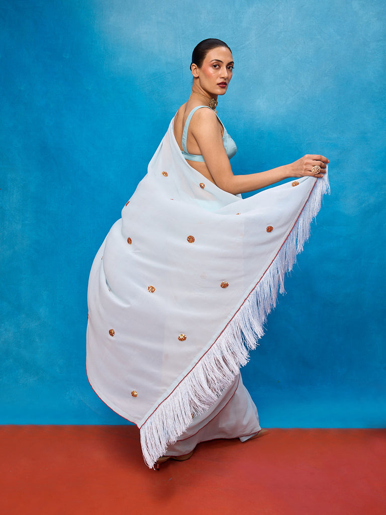 Handwoven Ice Blue Georgette Embroidered Saree