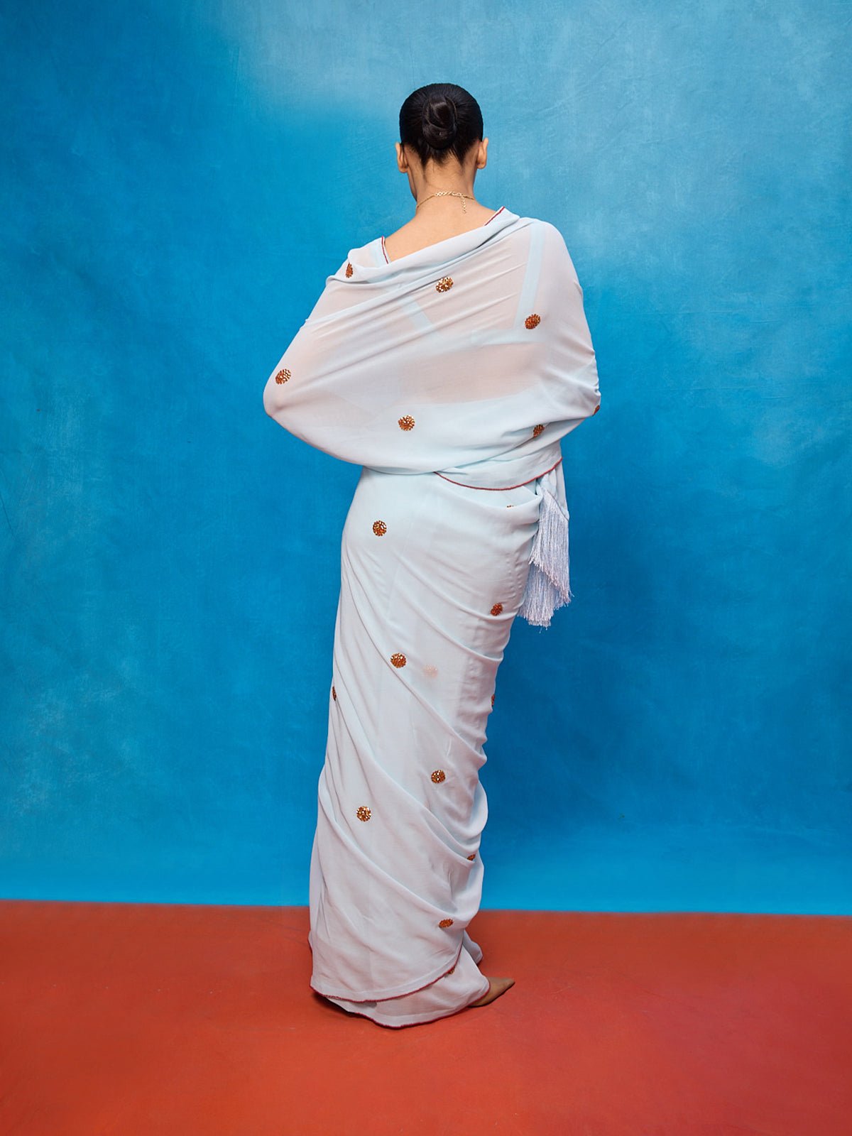 Handwoven Ice Blue Georgette Embroidered Saree