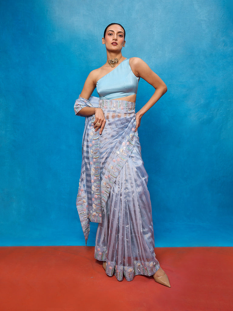 Handwoven Blue Tissue Embroidered Saree