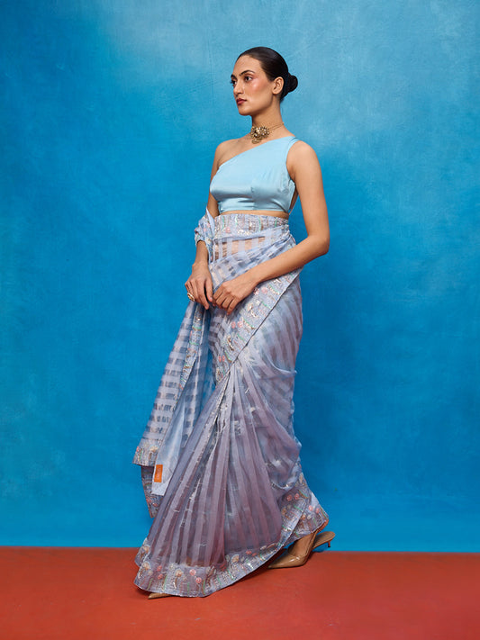 Handwoven Blue Tissue Embroidered Saree