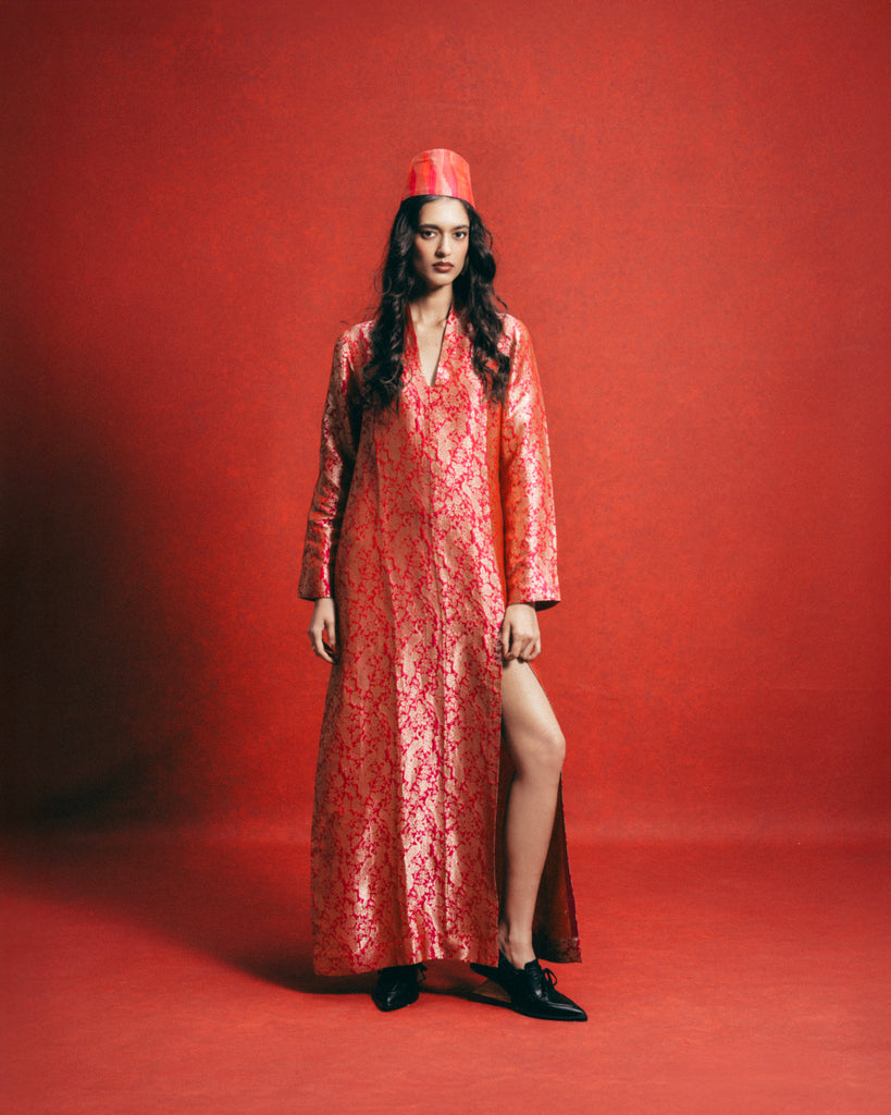 Handwoven Sorbet Pink Banarasi Kaftan