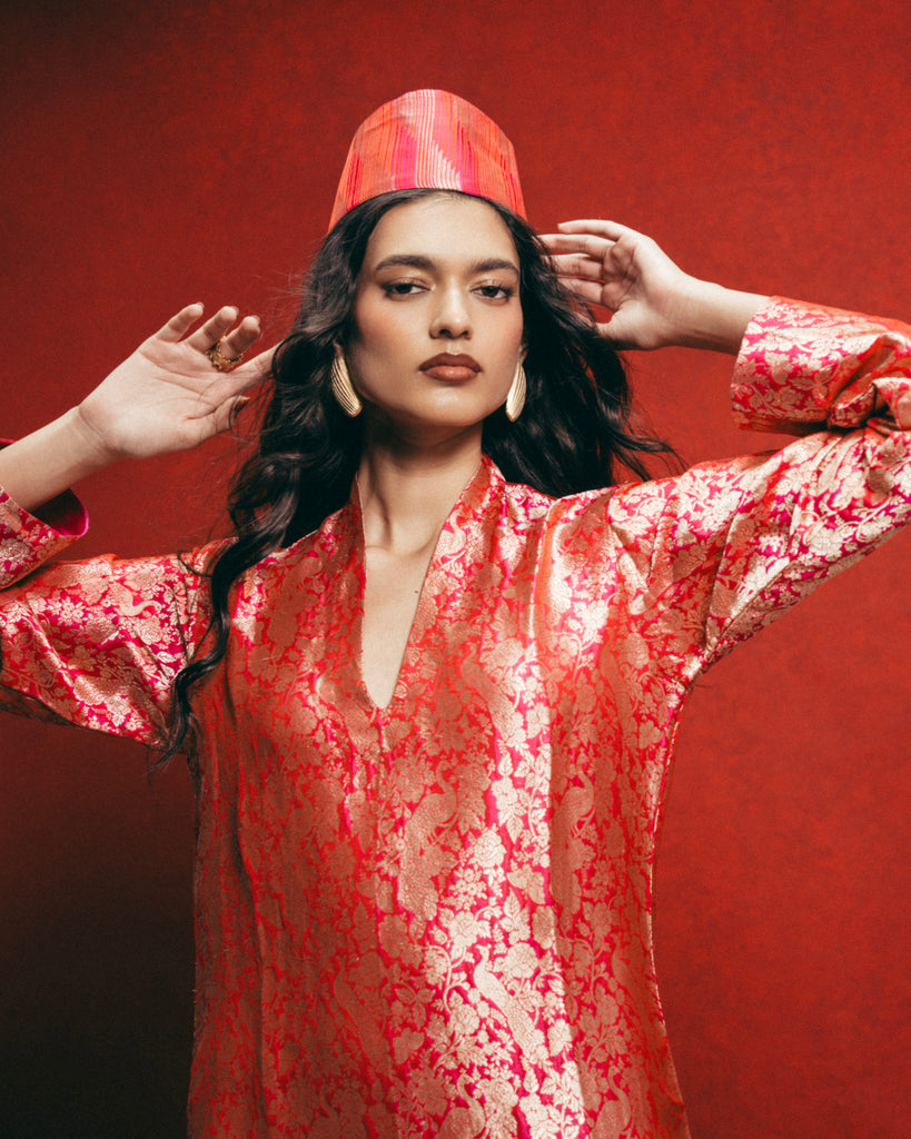 Handwoven Sorbet Pink Banarasi Kaftan