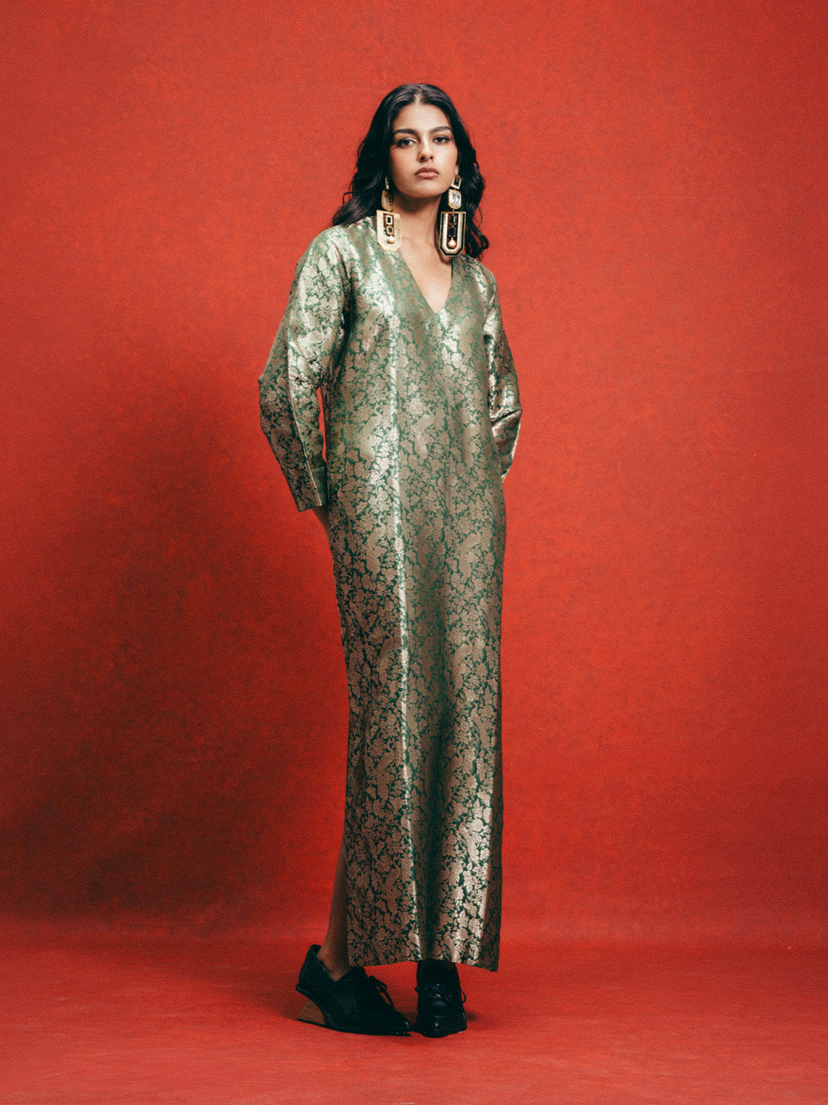 Handwoven Sage Green Banarasi Kaftan