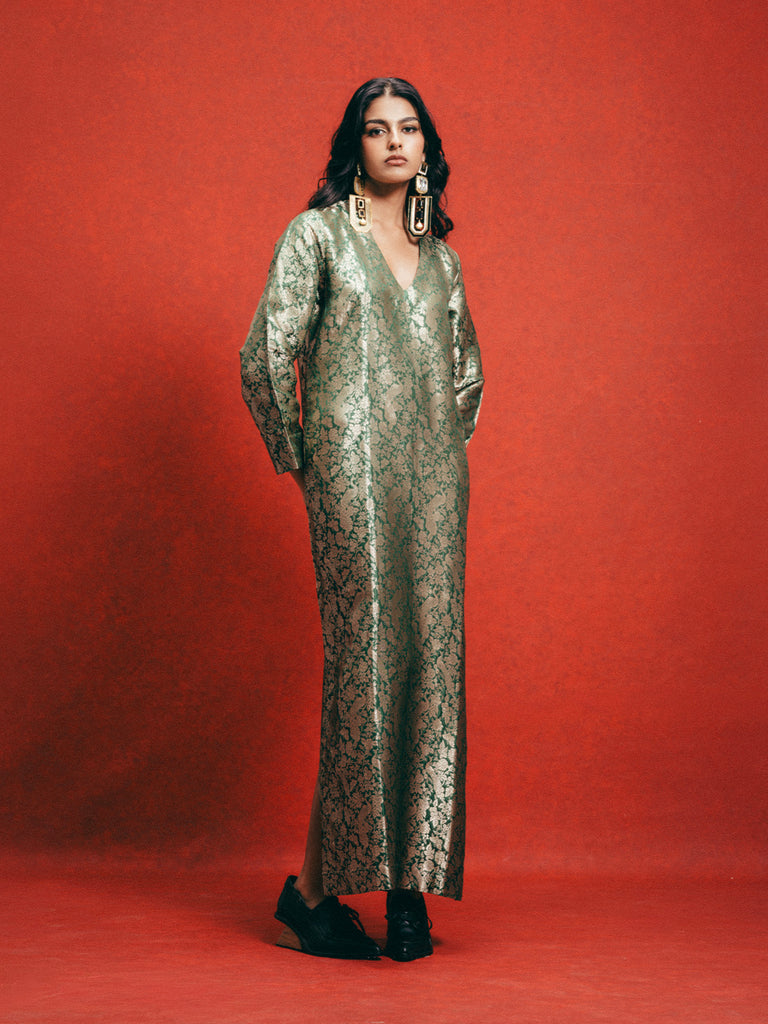 Handwoven Sage Green Banarasi Kaftan