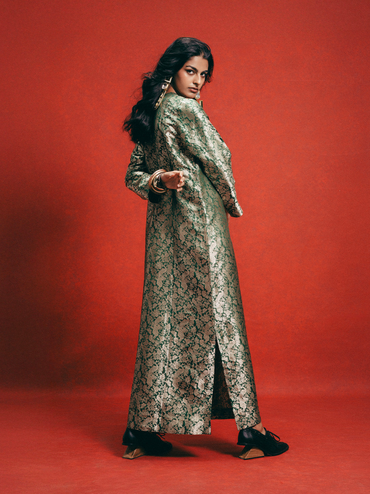 Handwoven Sage Green Banarasi Kaftan