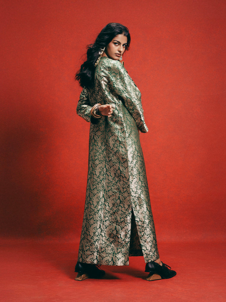 Handwoven Sage Green Banarasi Kaftan