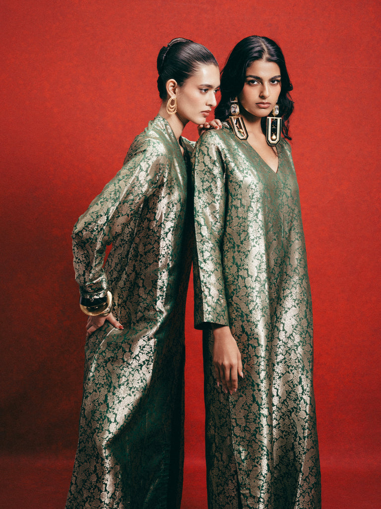 Handwoven Sage Green Banarasi Kaftan