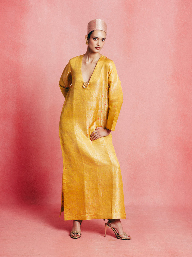 Handwoven Mustard Yellow Banarasi Kaftan
