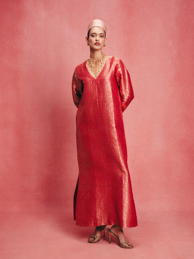 Handwoven Salmon Pink Banarasi Kaftan