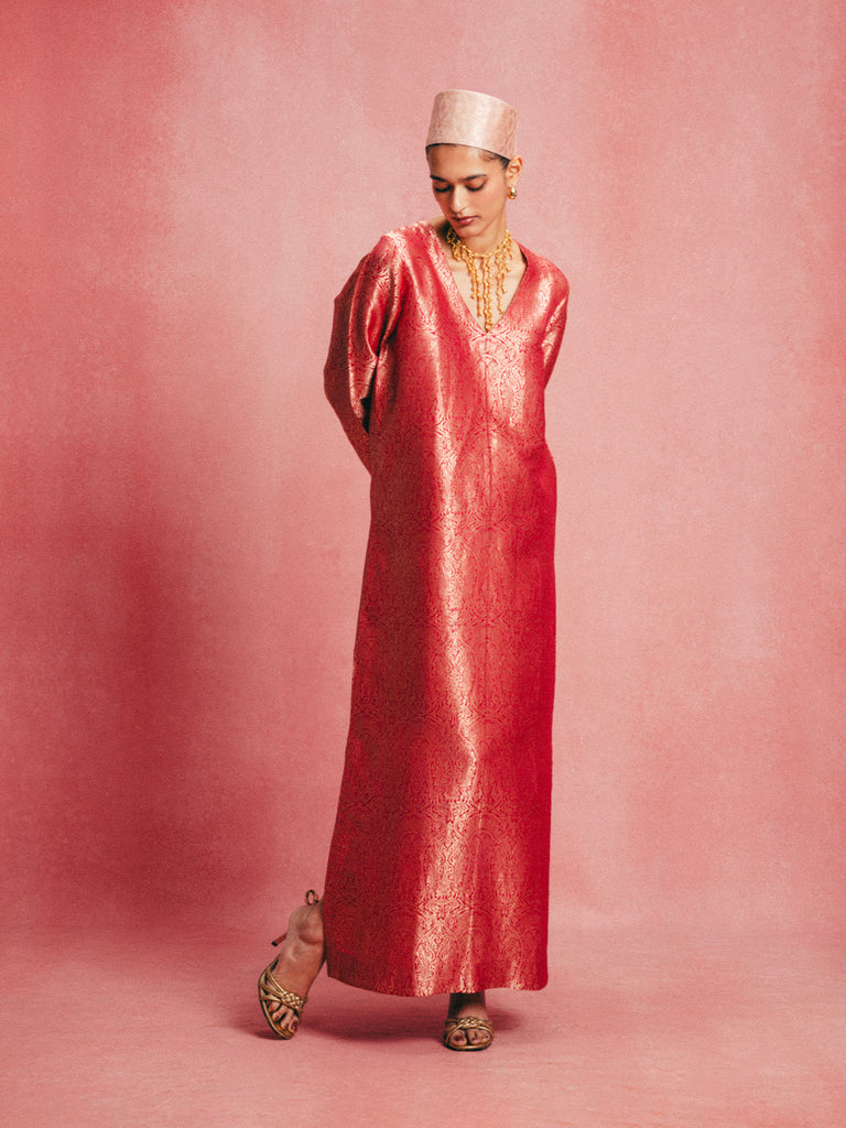 Handwoven Salmon Pink Banarasi Kaftan