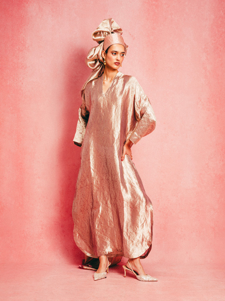 Handwoven Dusty Rose Banarasi Kaftan