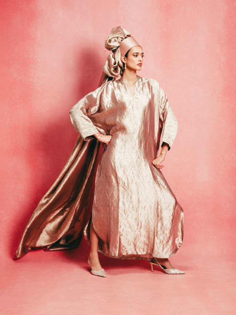 Handwoven Dusty Rose Banarasi Kaftan
