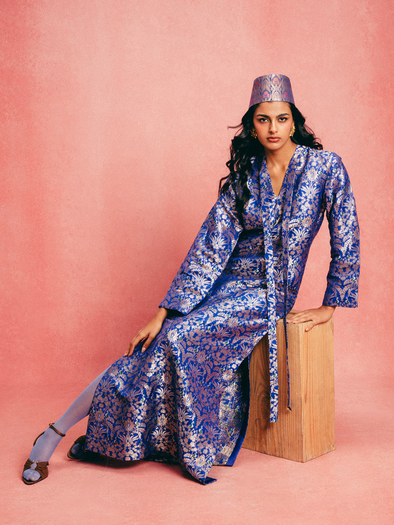Handwoven Royal Blue Banarasi Kaftan