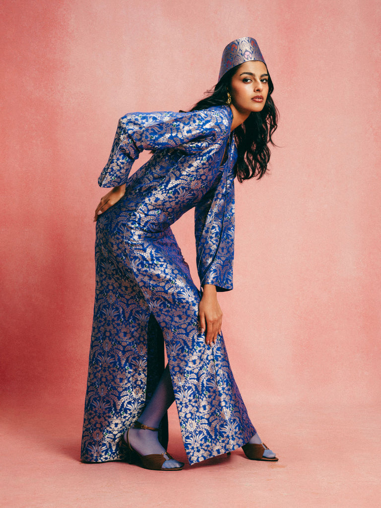 Handwoven Royal Blue Banarasi Kaftan