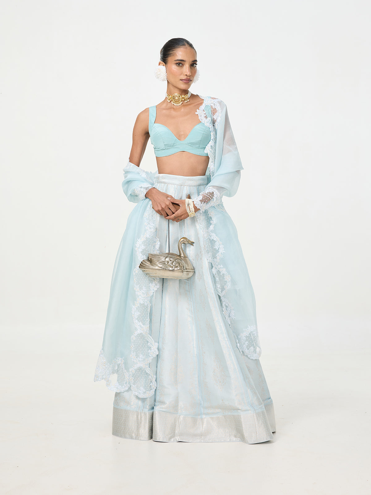 Handwoven Ice-Blue Banarasi Lehenga