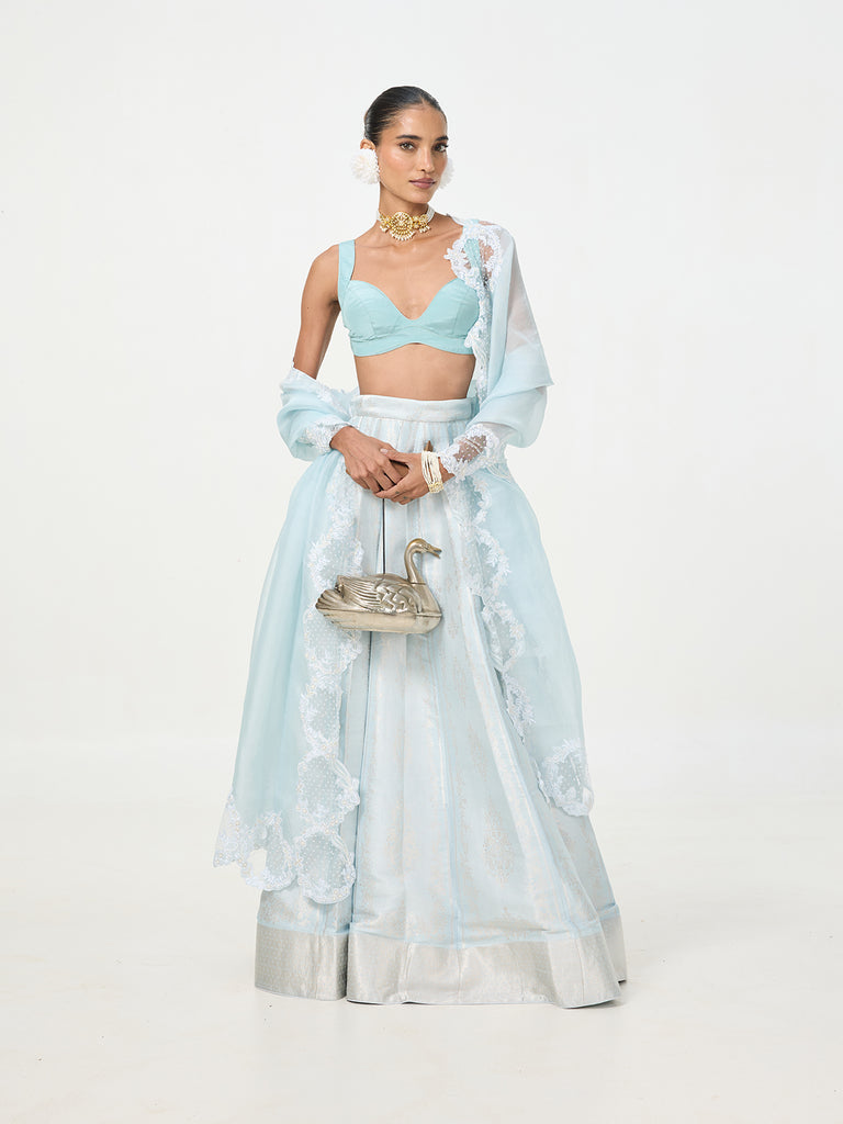 Handwoven Ice-Blue Banarasi Lehenga