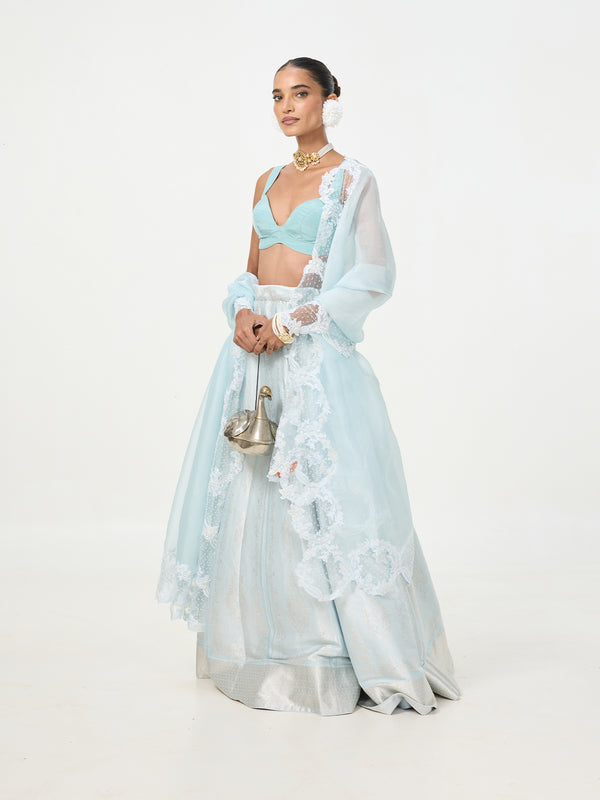 Handwoven Ice-Blue Banarasi Lehenga
