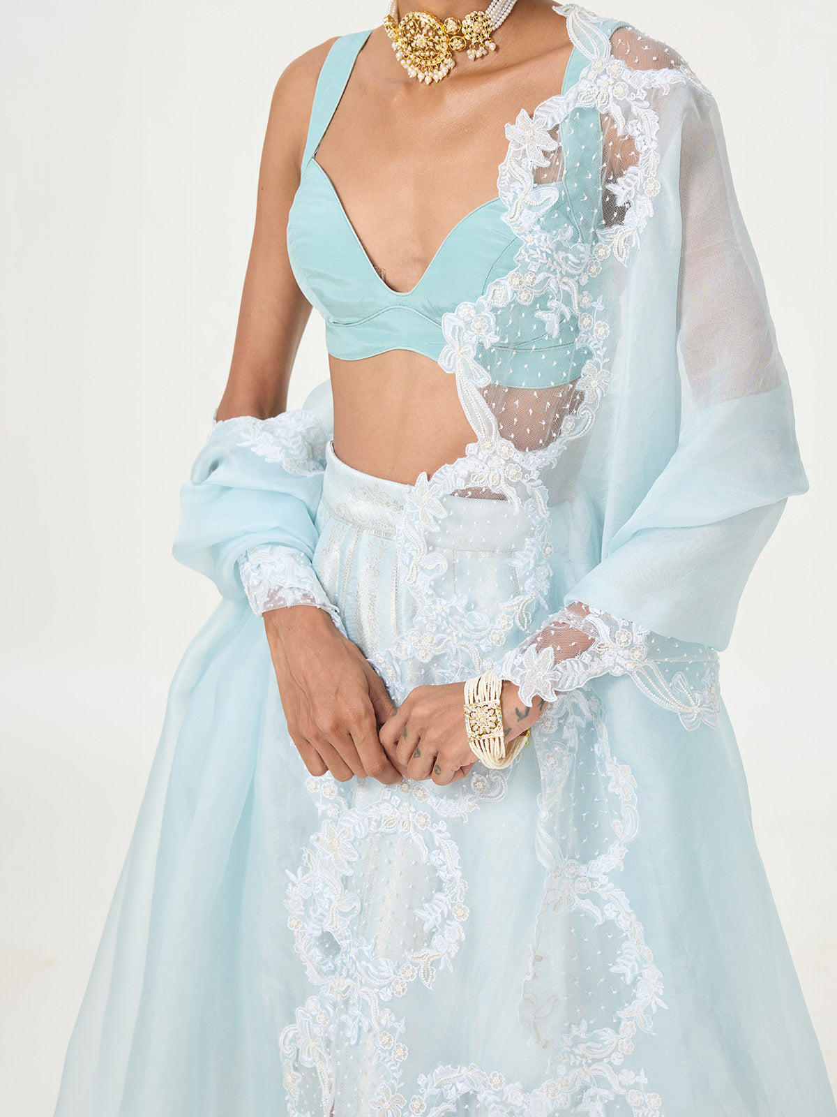 Handwoven Ice-Blue Banarasi Lehenga