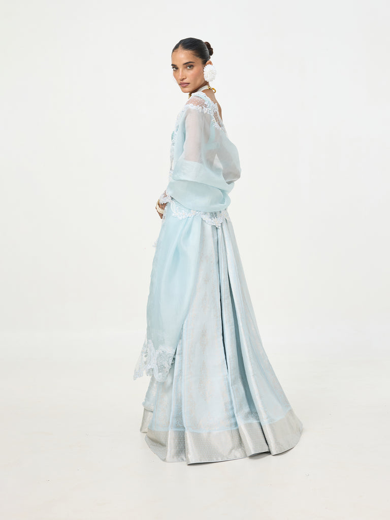 Handwoven Ice-Blue Banarasi Lehenga