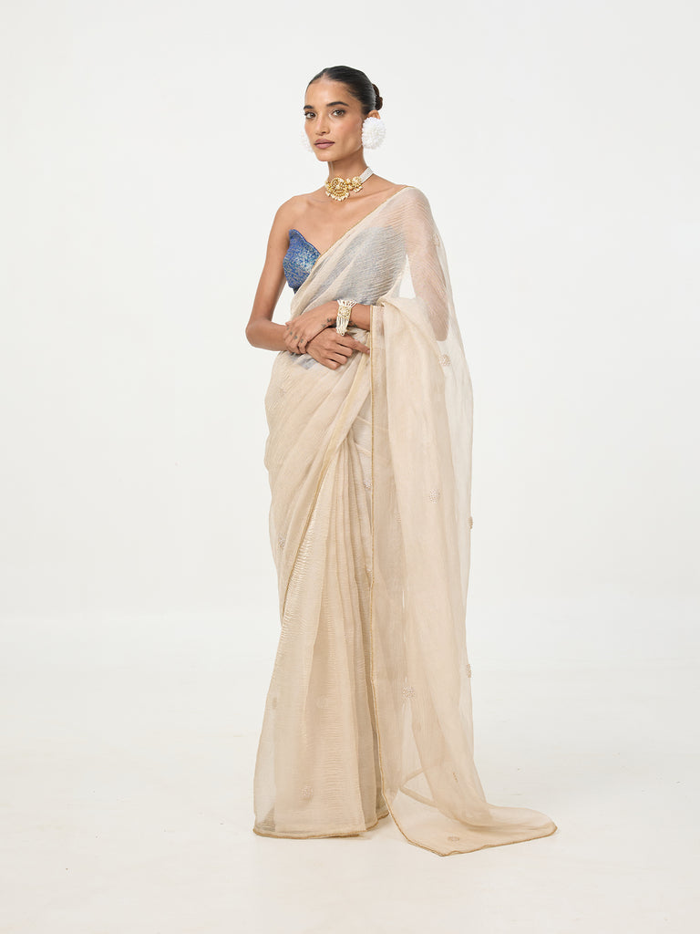 Handwoven Ecru Embroidered Tissue Saree