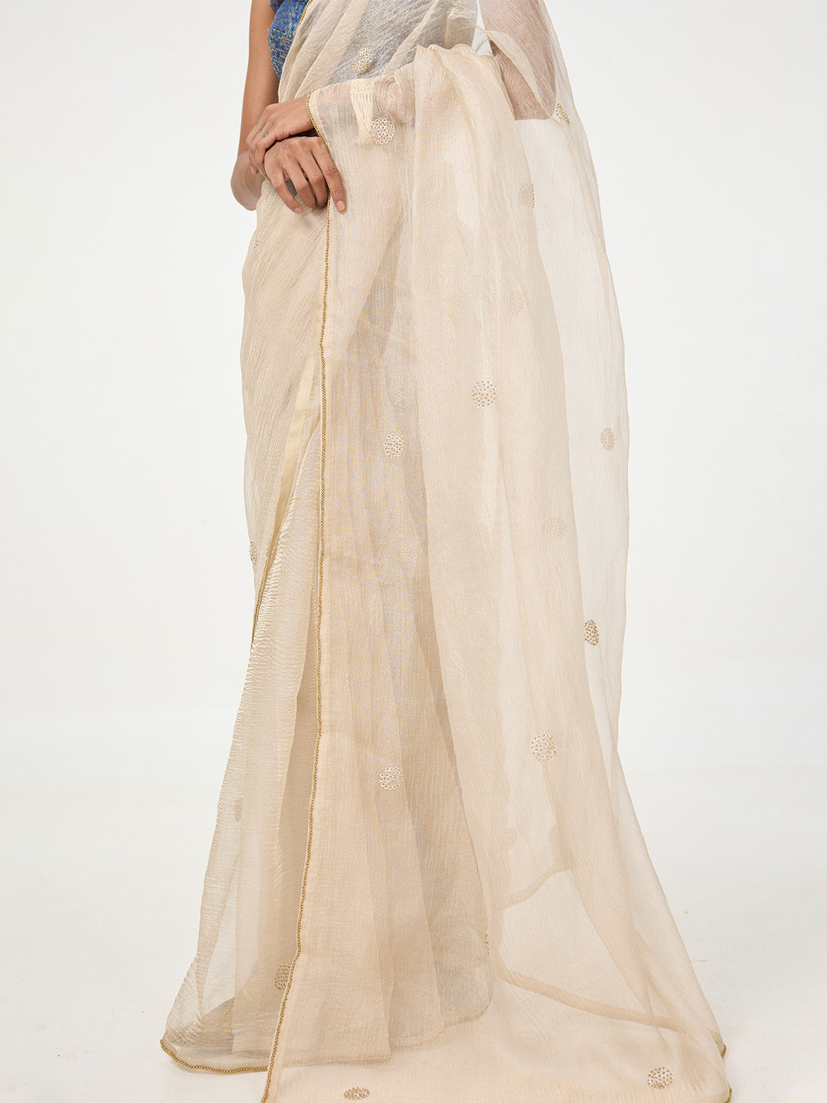 Handwoven Ecru Embroidered Tissue Saree