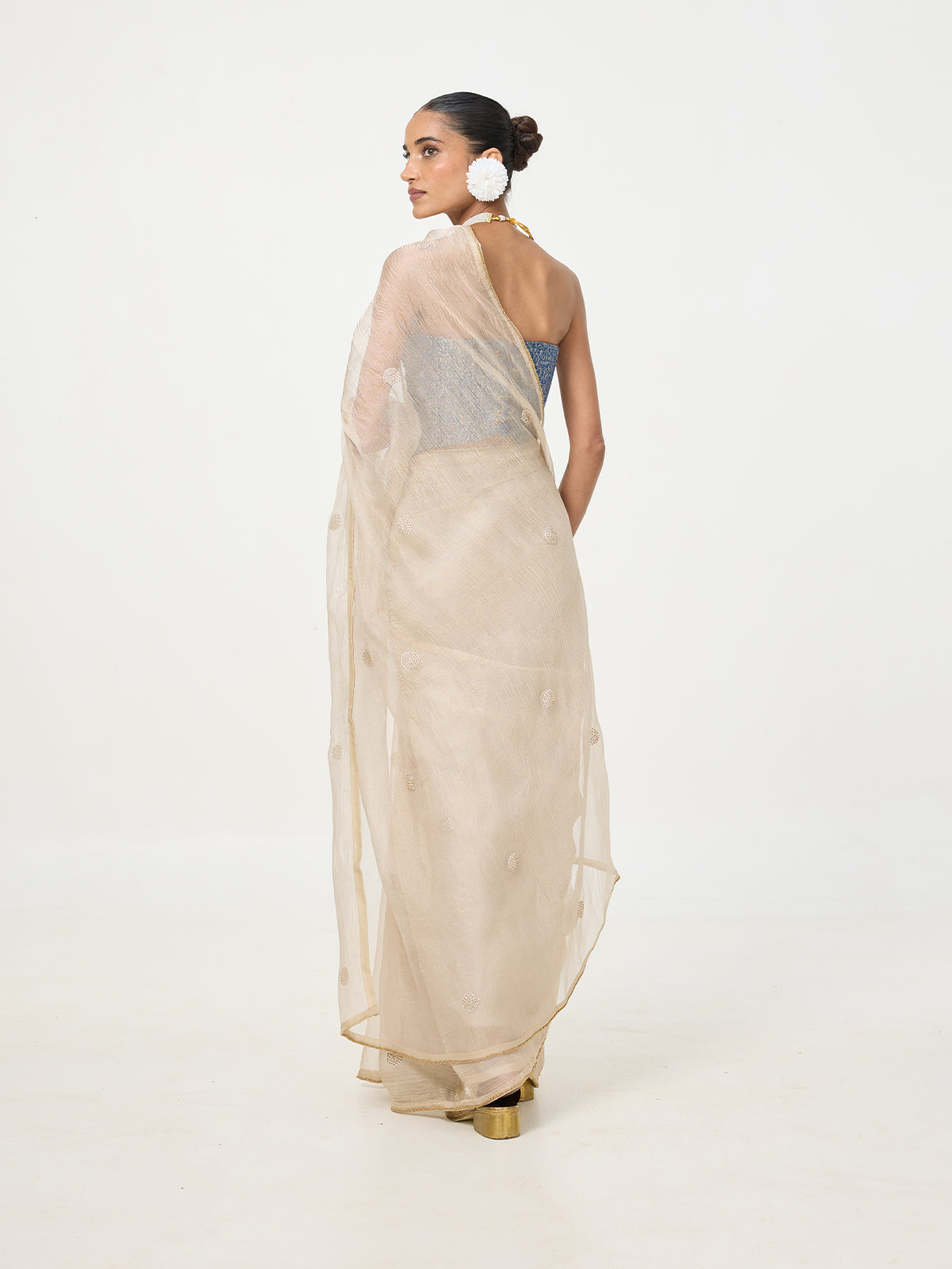 Handwoven Ecru Embroidered Tissue Saree