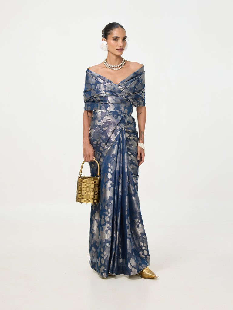 Handwoven Navy Blue Tissue Saree