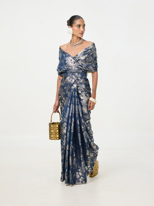 Handwoven Navy Blue Tissue Saree