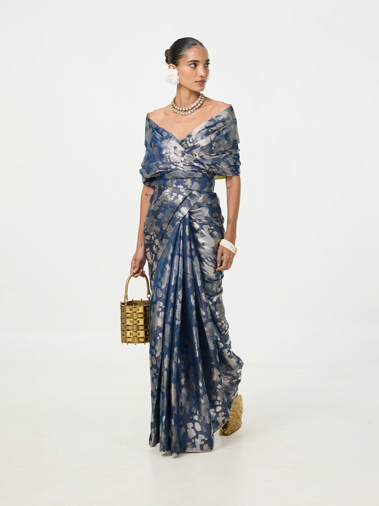 Handwoven Navy Blue Tissue Saree