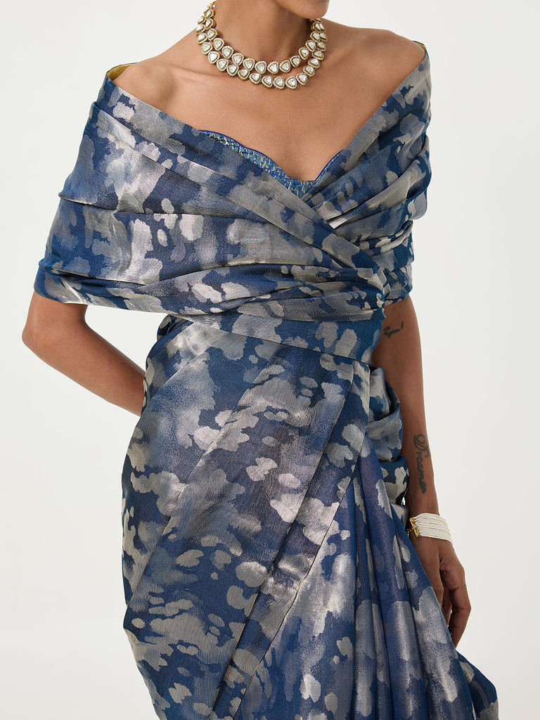 Handwoven Navy Blue Tissue Saree