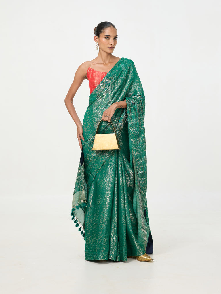 Handwoven Bottle Green Tissue Saree