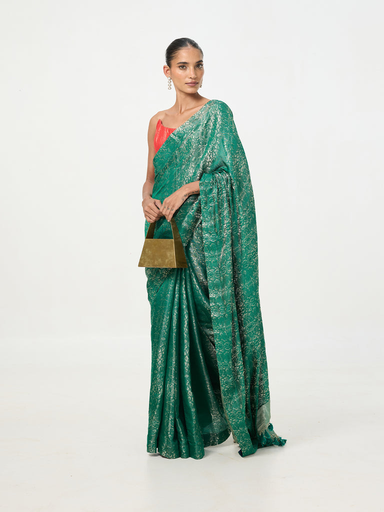 Handwoven Bottle Green Tissue Saree