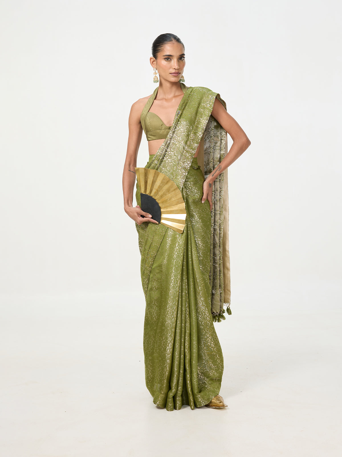 Handwoven Lime Green Tissue Saree