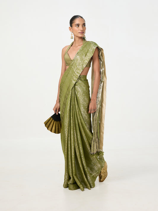 Handwoven Lime Green Tissue Saree