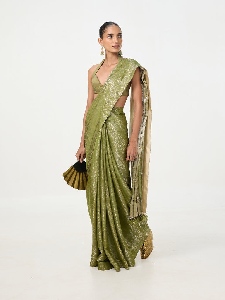 Handwoven Lime Green Tissue Saree