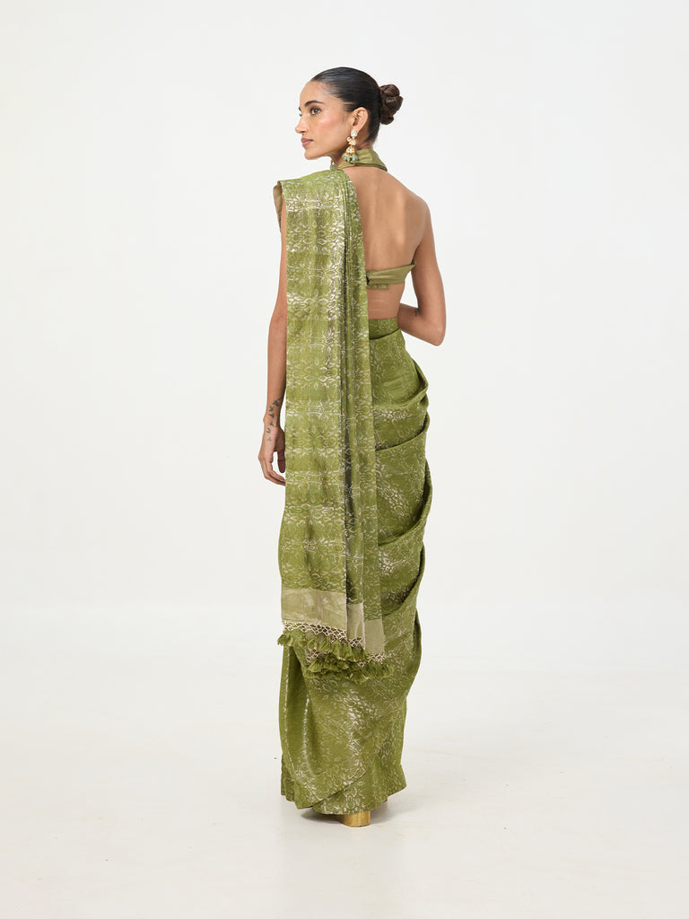 Handwoven Lime Green Tissue Saree
