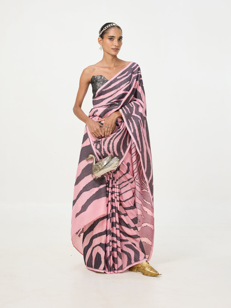 Handwoven Pink & Grey Tusser Saree