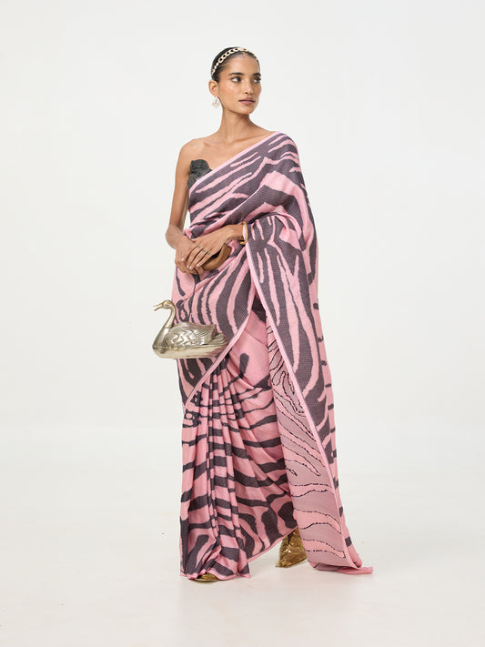 Handwoven Pink & Grey Tusser Saree