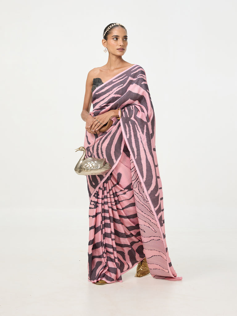Handwoven Pink & Grey Tusser Saree