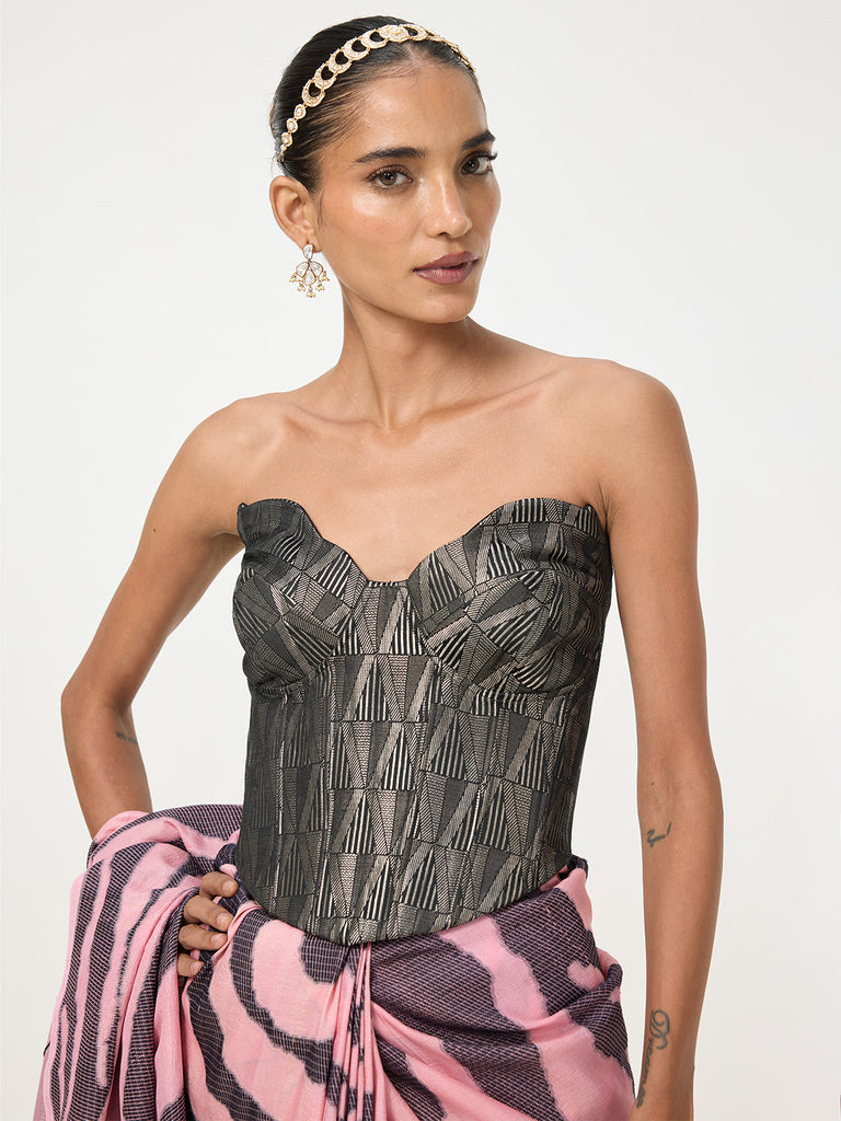Handwoven Black Banarasi Emboss Corset