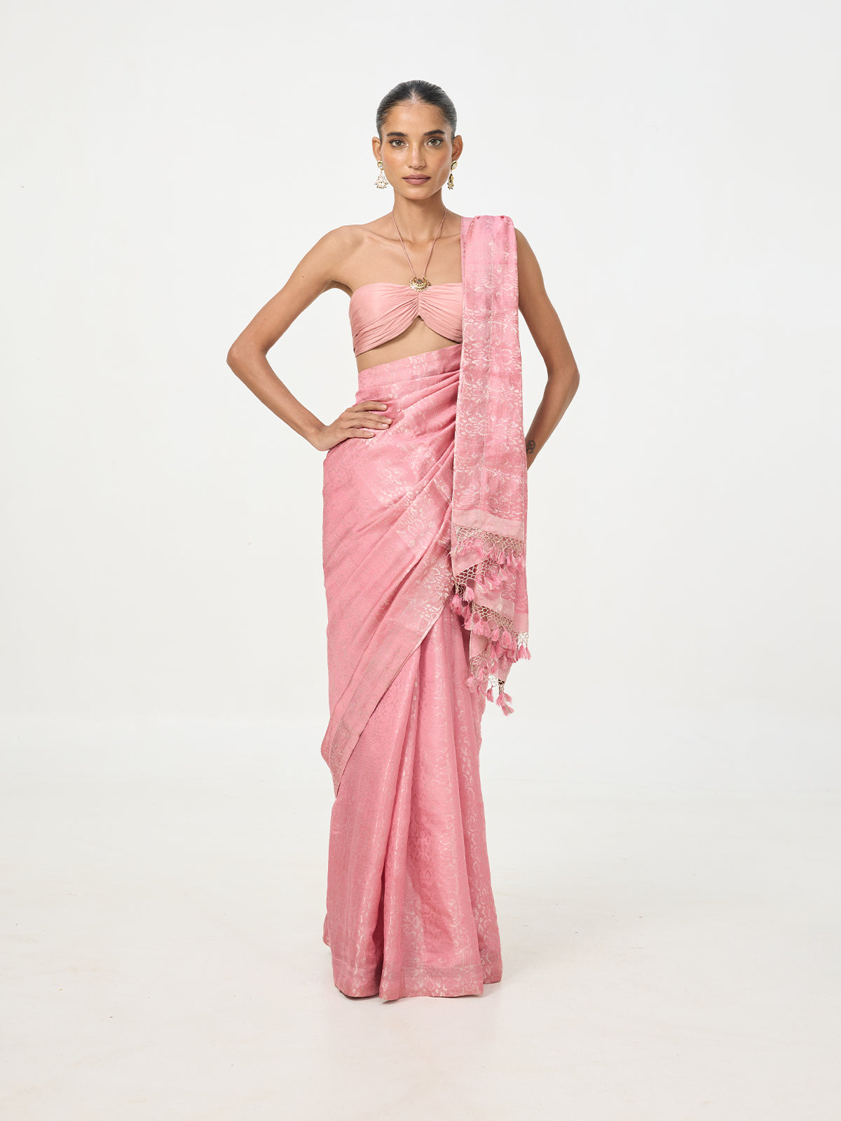 Handwoven Salmon Pink Tissue Saree