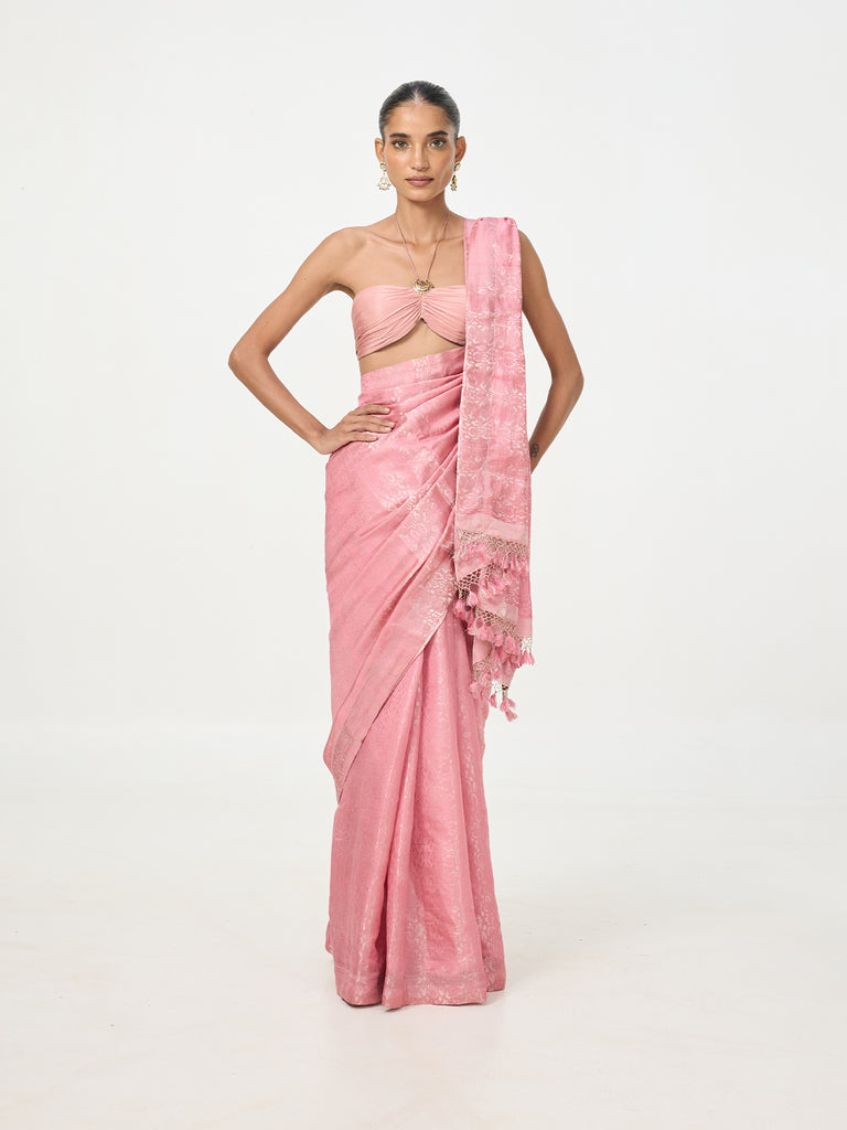 Handwoven Salmon Pink Tissue Saree
