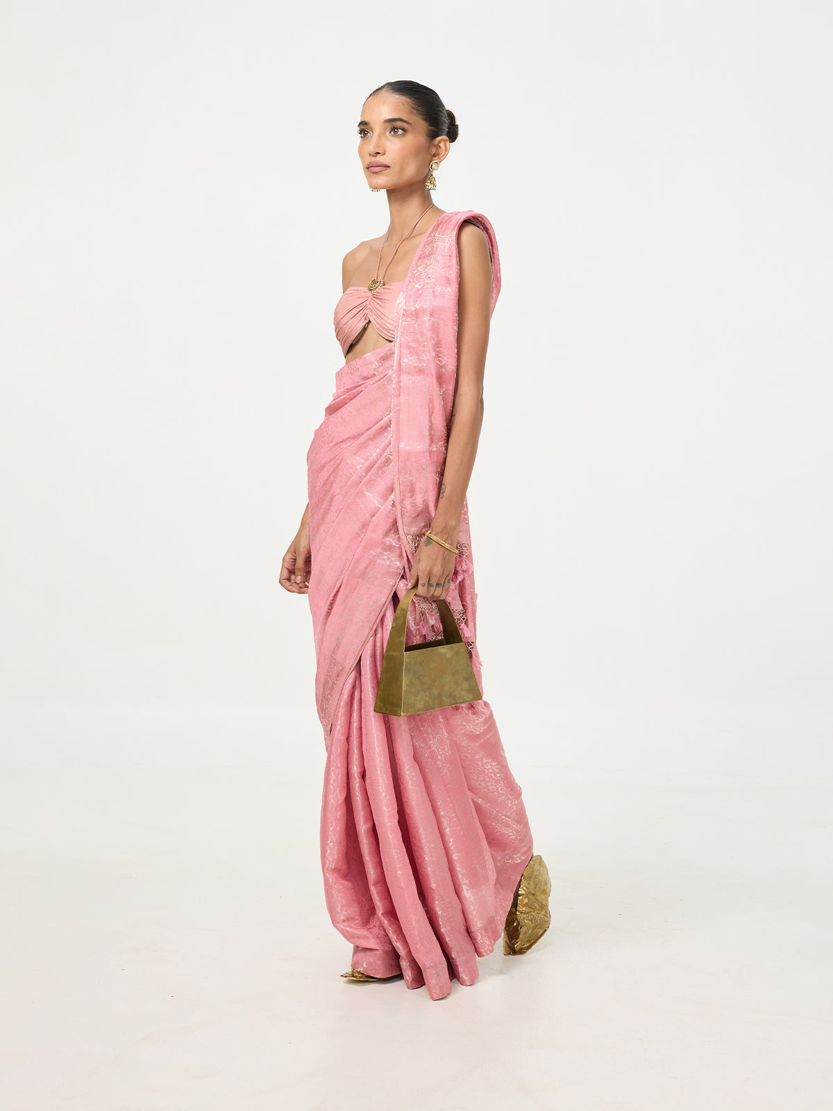 Handwoven Salmon Pink Tissue Saree