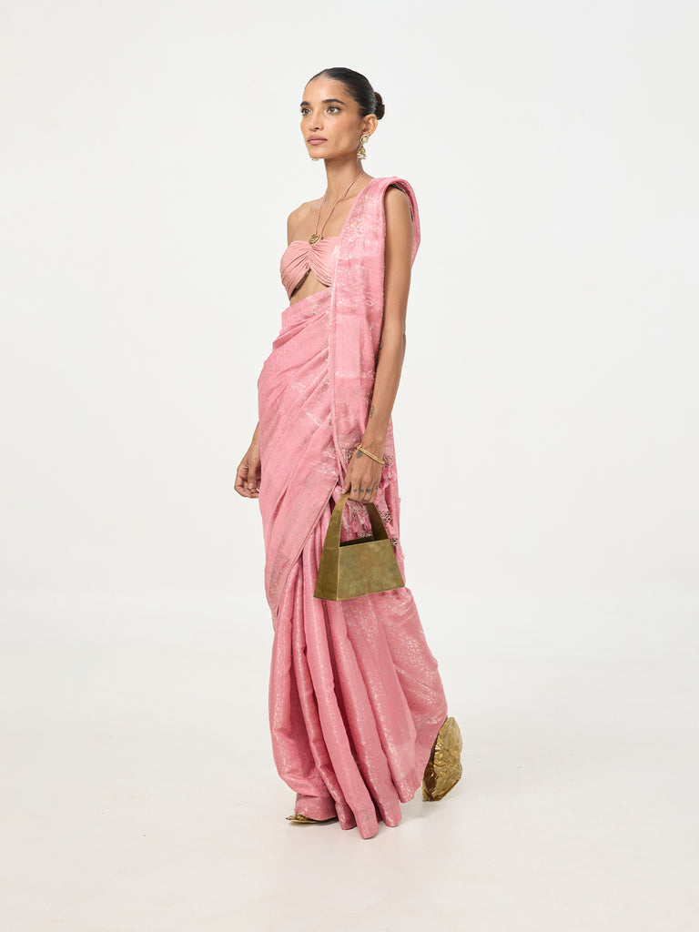 Handwoven Salmon Pink Tissue Saree